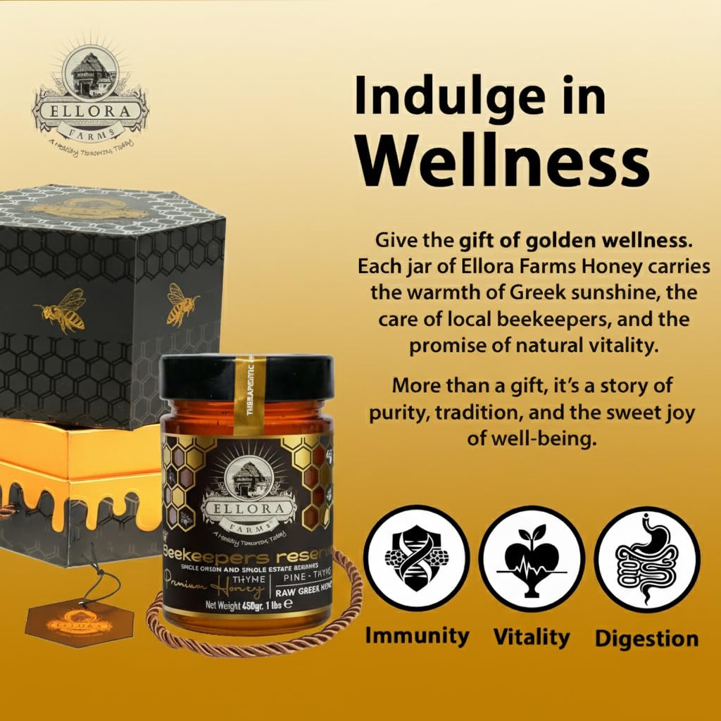 Ellora Farms Single Estate PDO Raw Greek Honey, Pine & Thyme Raw Honey Unfiltered, Beautiful Gift Pack with Dipper, Beekeepers Reserve, Pure Raw & Unfiltered Cold-Pressed, Gluten Free - 450 g