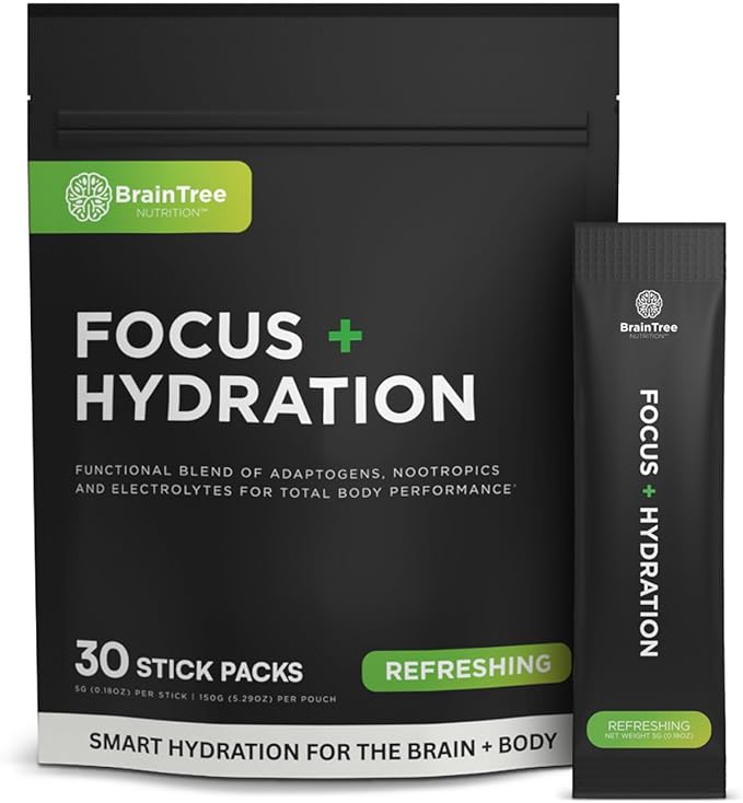 BrainTree Nutrition - Focus + Hydration - Electrolyte Drink Mix - Total Body Hydration - Supports Cognitive Function, Energy & Muscle Recovery - Sugar Free - Refreshing - 30 Stick Packs