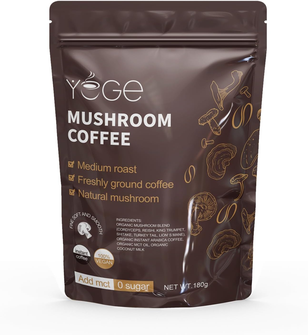 Mushroom Coffee, Instant Organic Mushroom Coffee with Cordyceps, Reish, King Trumpet, Shitake, Turkey Tail, Lions Mane for Energy, Focus, Positive Mood & Immune Support (30 Servings)