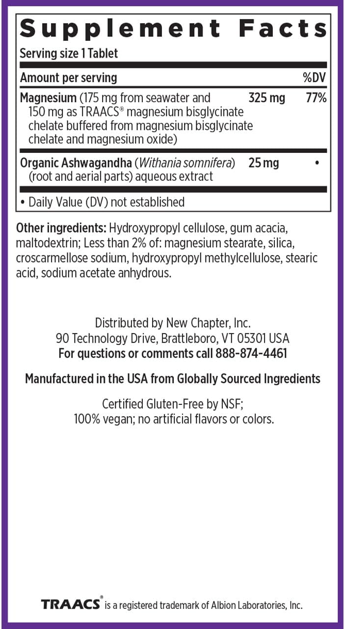 New Chapter Magnesium + Ashwagandha Supplement, 325 mg with Magnesium Glycinate for Muscle Relaxation & Recovery, Heart, Nerve & Bone Health, 2.5X Absorption, Non-GMO - 60 ct (2 Month Supply)