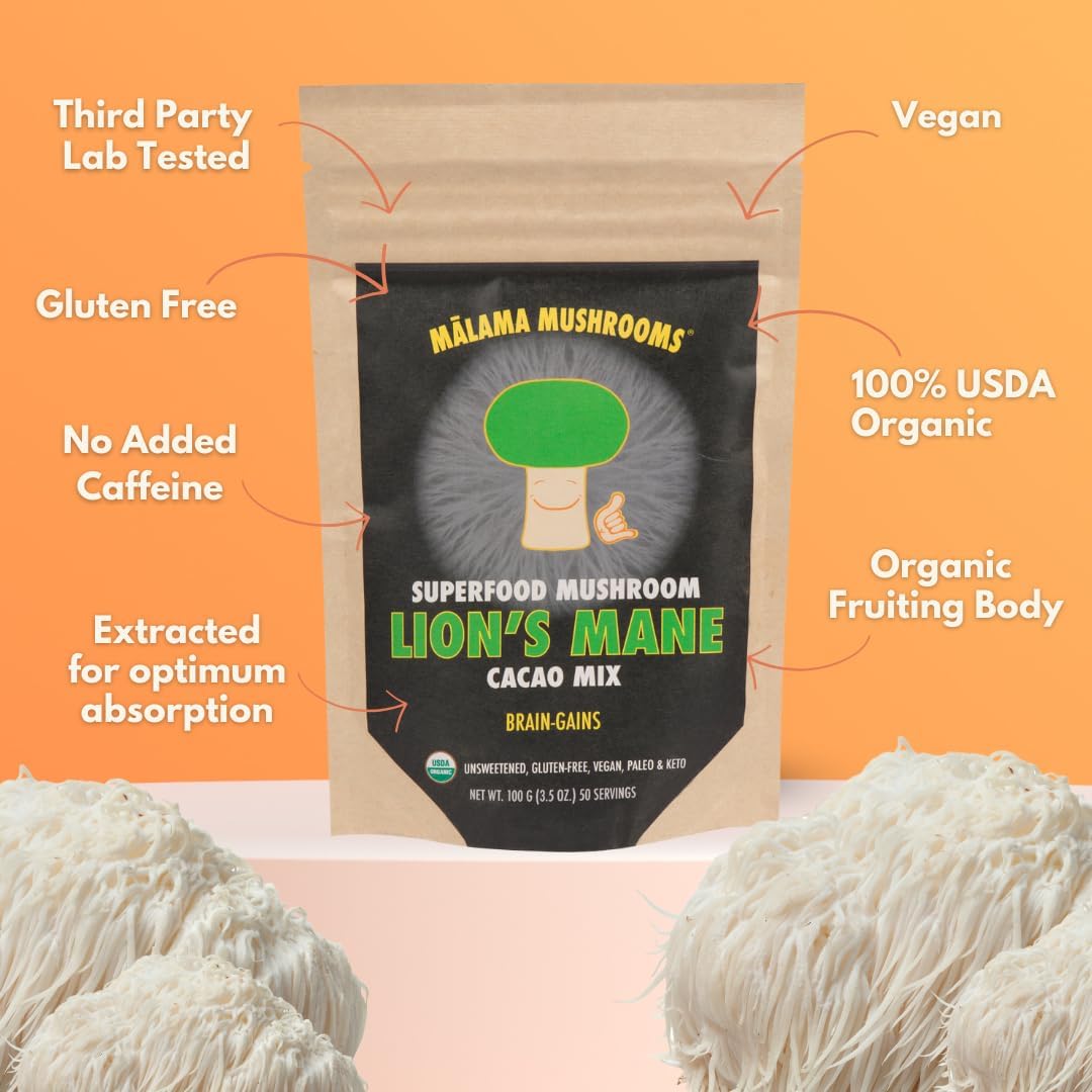 Malama Organic Mushroom Hot Cacao Mix, Lion's Mane Mushroom Powder with Fair Trade Cacao for Focus, Memory, & Immune Support – Vegan Supplement & Superfood, Non GMO, 3.5 oz (50 Servings)
