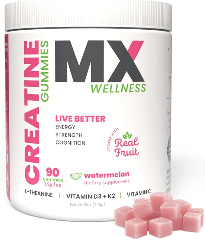 Creatine Monohydrate Gummies for Men & Women – Real Fruit Gummy Supplement for Muscle Growth, Recovery, Longevity, Cognitive Health & Memory – 90 Chews (90 Gummies, Watermelon)