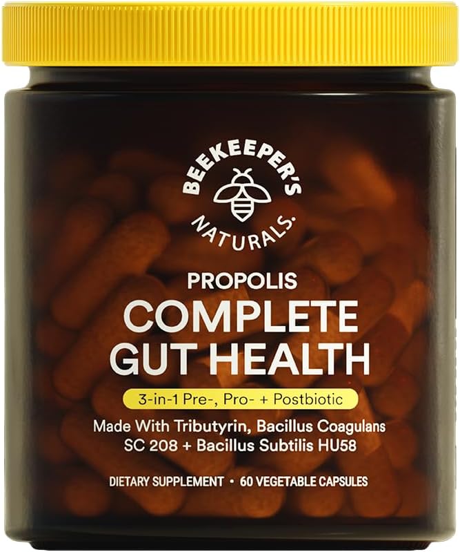 Beekeeper's Naturals Complete Gut Health, 3-in-1 Prebiotic, Postbiotic, Probiotics for Digestive Health & Bloating Relief for Women & Men, Propolis Powered, Gluten-Free Vegan Capsules, 60ct