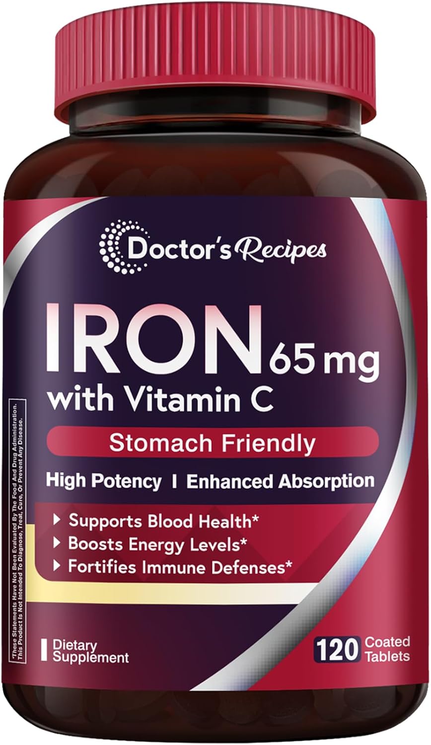 Doctor's Recipes Iron Supplement 65 mg with Vitamin C - Maximized Absorption & Stomach Friendly Iron Pills for Red Blood Cells Formation, Heart, Brain & Immunity Health - Vegan Non-GMO 120 Iron Tabs