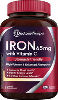 Doctor's Recipes Iron Supplement 65 mg with Vitamin C - Maximized Absorption & Stomach Friendly Iron Pills for Red Blood Cells Formation, Heart, Brain & Immunity Health - Vegan Non-GMO 120 Iron Tabs