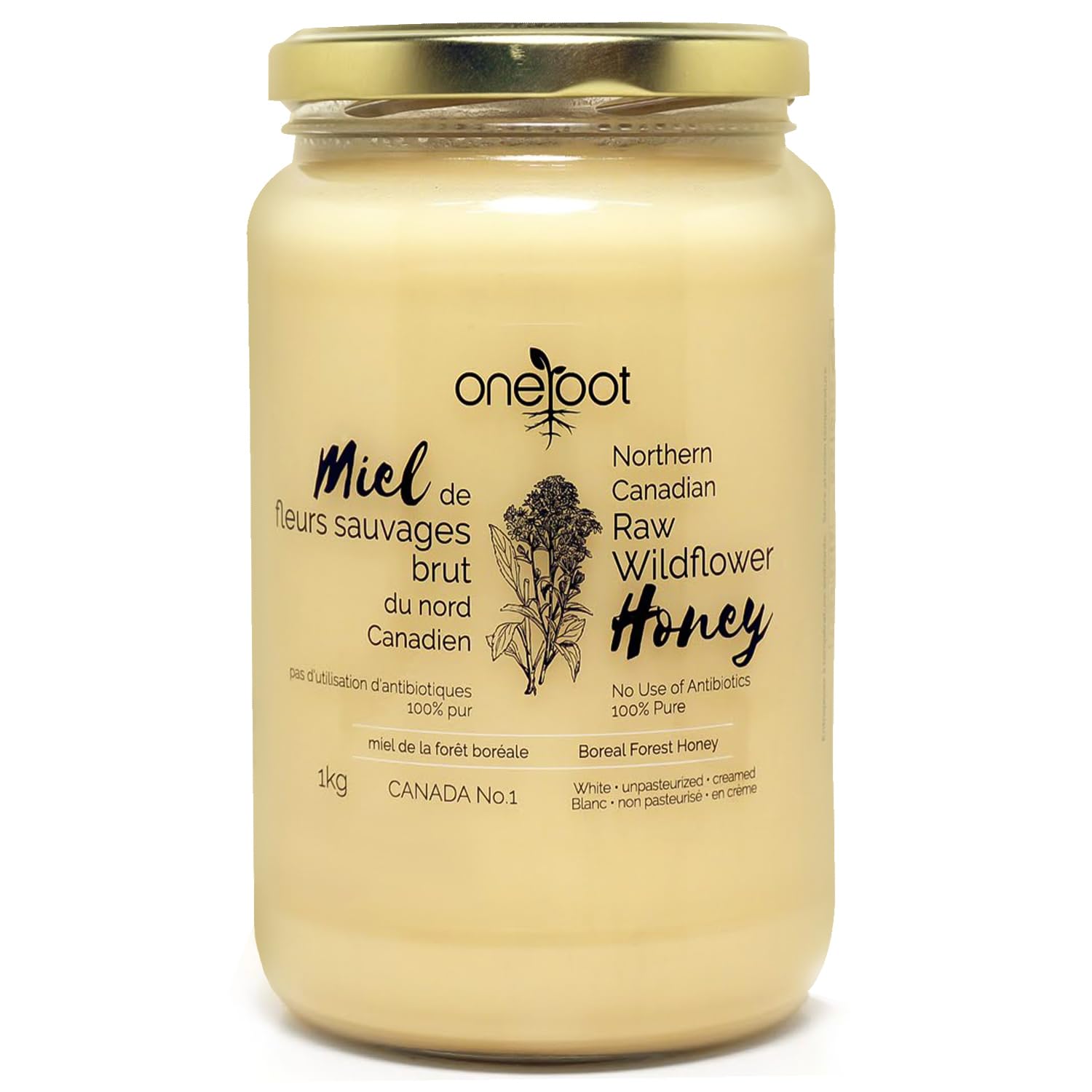 Oneroot 100% Canadian Wildflower Honey - 1kg / 2.2lbs, Unheated & Creamed - Nutrient-Rich, Natural Sweetener with Enzymes - Thick & Pure Raw Unfiltered Honey