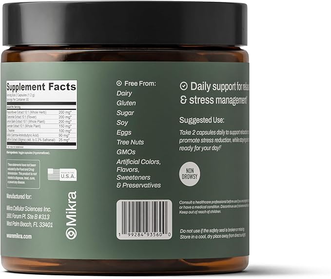 Mikra Calm and Relaxation Support Capsules - Vegan, Allergen-Free, Sugar Free Supplement with GABA, Saffron & Herbal Extract Blend for Daily Balance & Calm - Calming Gifts for Women & Men- 60 Capsules