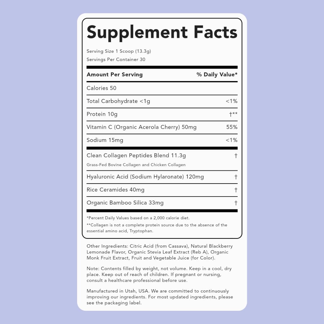 Clean Simple Eats Collagen Powder + Beauty Blend, BlackBerry Lemonade, Hydrolyzed Collagen Peptides from Grass Fed Bovine & Chicken, Hyaluronic Acid for Hair, Skin, Nail & Joint Support, 30 Servings