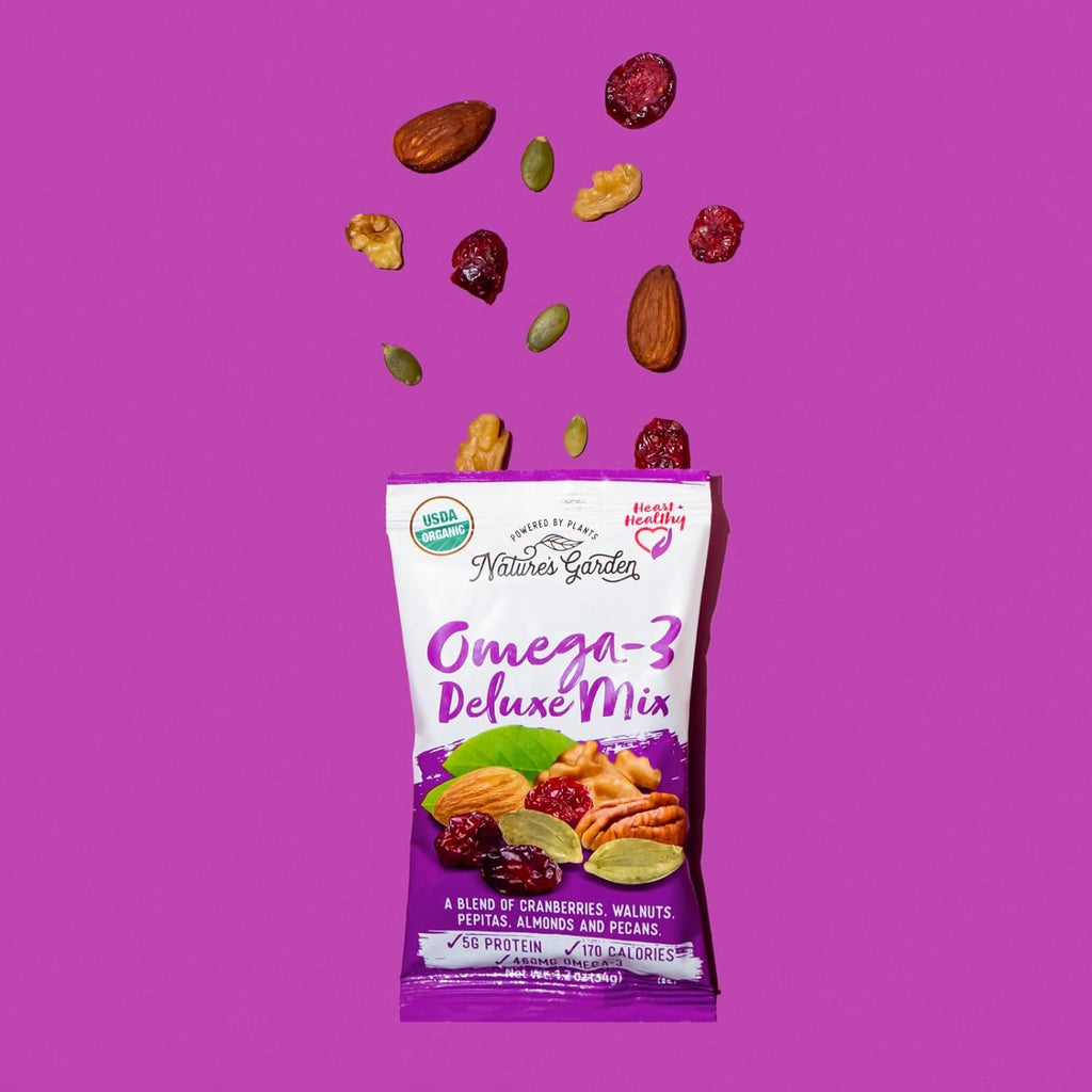 Nature's Garden Omega 3 Deluxe Mix - Trail Mix, Heart Healthy, Gluten Free, Cholesterol Free, Sodium Free, No Artificial Ingredients - 1.2 oz Bags (7 Individual Servings)