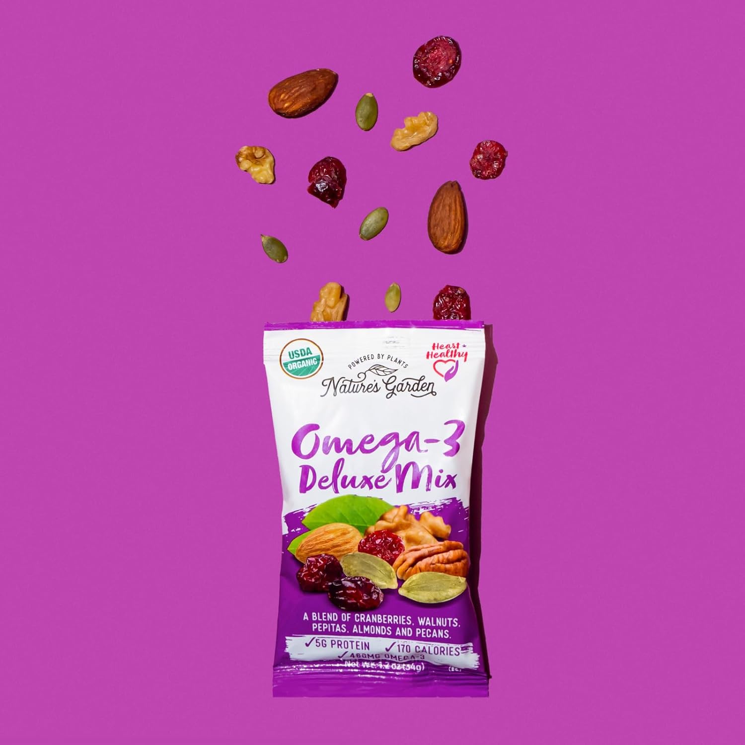 Nature's Garden Omega 3 Deluxe Mix - Trail Mix, Heart Healthy, Gluten Free, Cholesterol Free, Sodium Free, No Artificial Ingredients - 1.2 oz Bags (7 Individual Servings)