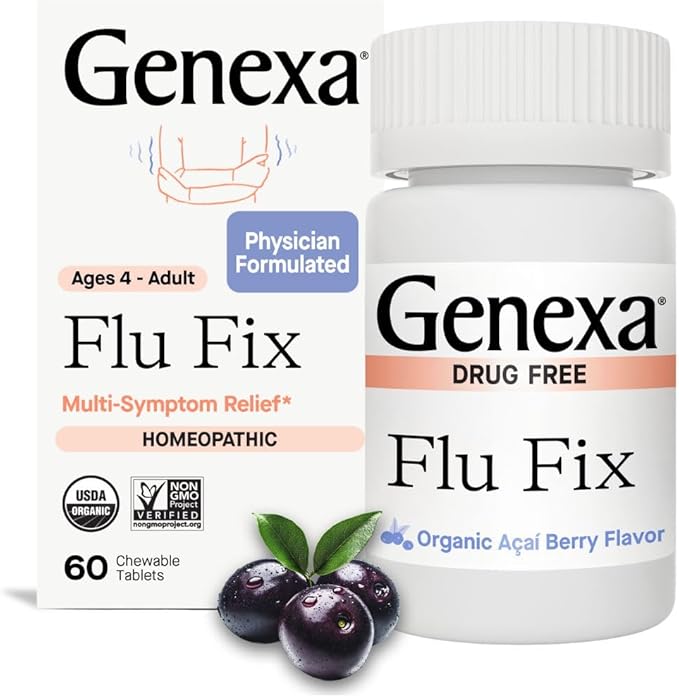 Genexa Flu Fix | Multi-Symptom Flu Remedy for Kids & Adults | Relieves Aches, Fever, Congestion | Acai Berry Flavor | Organic & Non-GMO | Homeopathic Remedy Made Clean | 60 Chewable Tablets, Ages 4+
