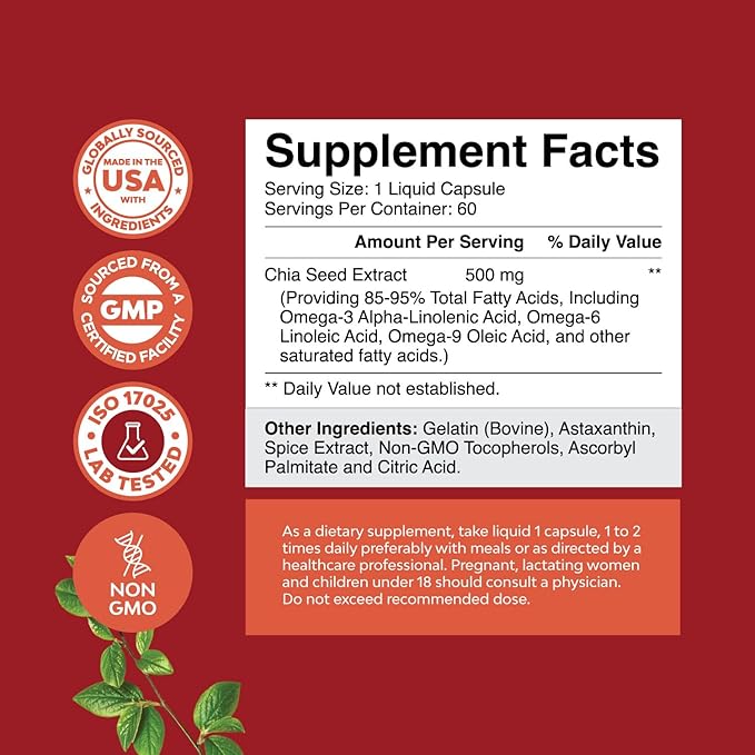 Chia Seed Oil Extract Capsules - Plant Based Omega 3 6 9 Supplement and Daily Fiber Capsules for Digestive and Immune Support and Heart Health - Omega 3 Fatty Acids Supplement for Men and Women - 60ct