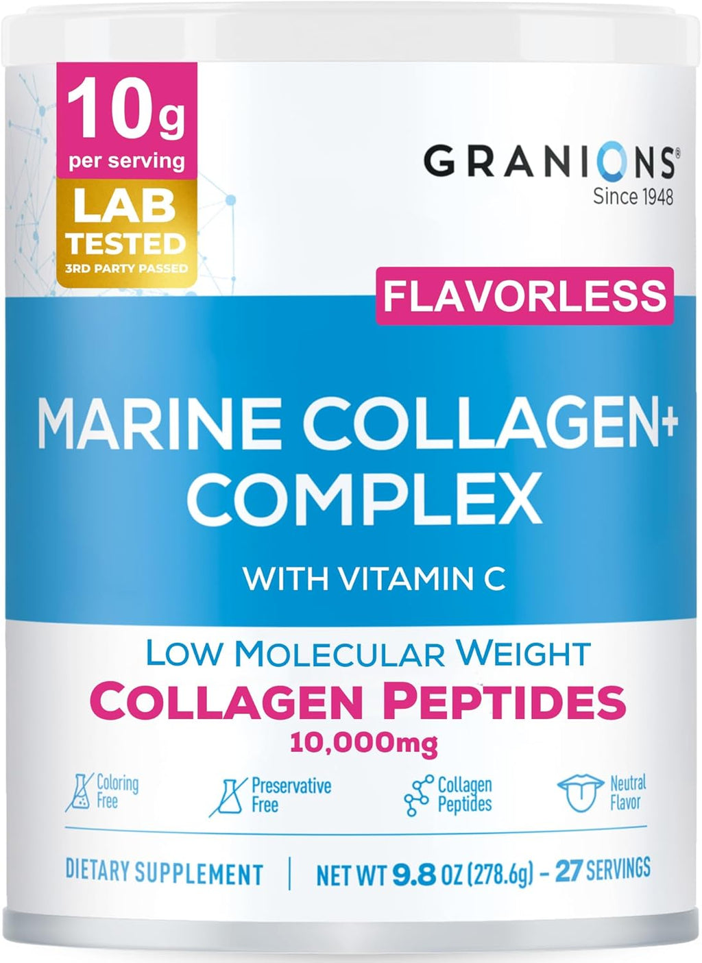 Marine Collagen Powder Unflavored - 10g Type I Hydrolyzed Collagen Peptides with Natural Acerola Vitamin C Antioxidant - Hair, Skin, Nails Vitamins for Women & Men- Pro-Aging Beauty Supplement - 9.8oz