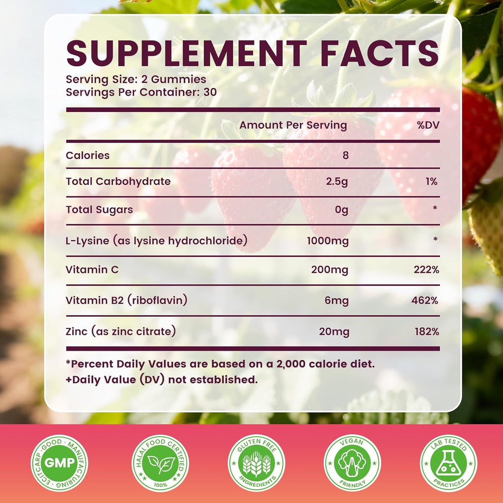 L-Lysine Gummies 1000 mg for Kids and Adults, L-Lysine Supplements with Vitamin C, B2 for Lips & Oral Health, Immune Support & Collagen & Calcium- Vegan, Non GMO, Strawberry Flavor, 60 Count