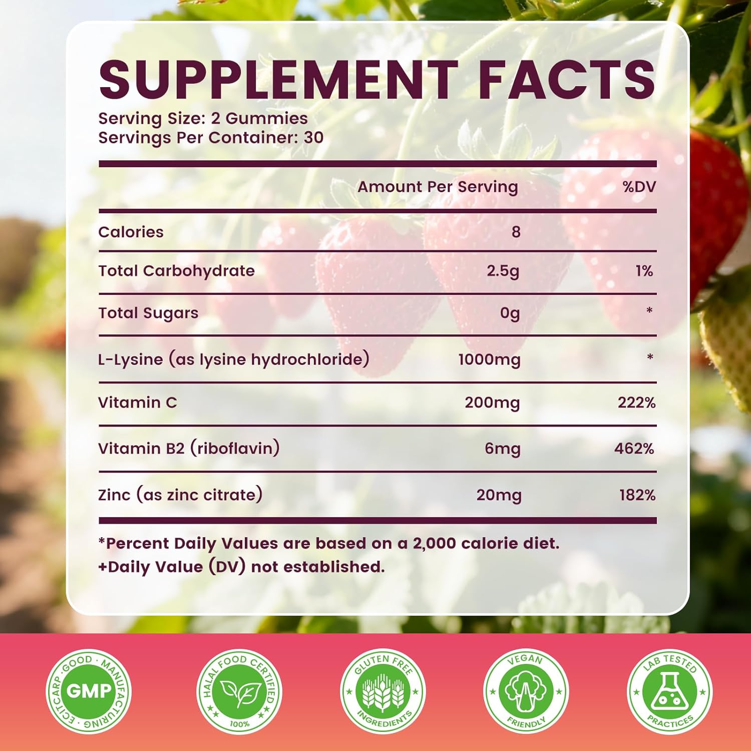 L-Lysine Gummies 1000 mg for Kids and Adults, L-Lysine Supplements with Vitamin C, B2 for Lips & Oral Health, Immune Support & Collagen & Calcium- Vegan, Non GMO, Strawberry Flavor, 60 Count