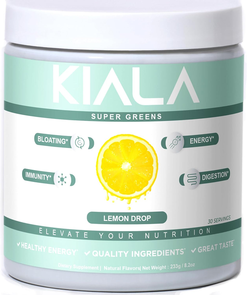 Kiala Nutrition Super Greens, Organic Greens Powder with Spirulina & Chlorella for Digestion, Gut Health, Immunity, Energy, Gluten Free, Vegan, Sugar Free, Spectra Blend, Lemon Drop, 30 Servings