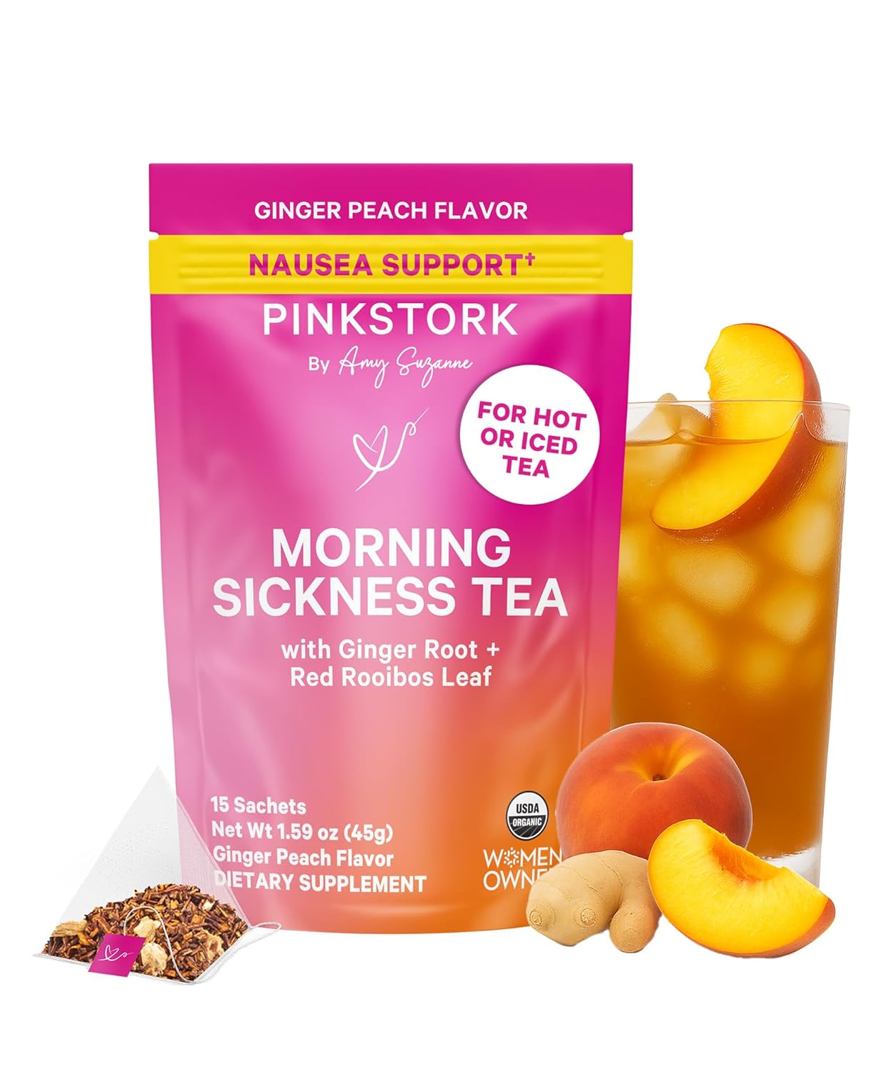 Pink Stork Organic Morning Sickness Pregnancy Tea - Hot or Iced Tea - Prenatal Heartburn, Indigestion, and Constipation Support - 1st Trimester Pregnancy Must Haves - Ginger Peach, 15 Sachets
