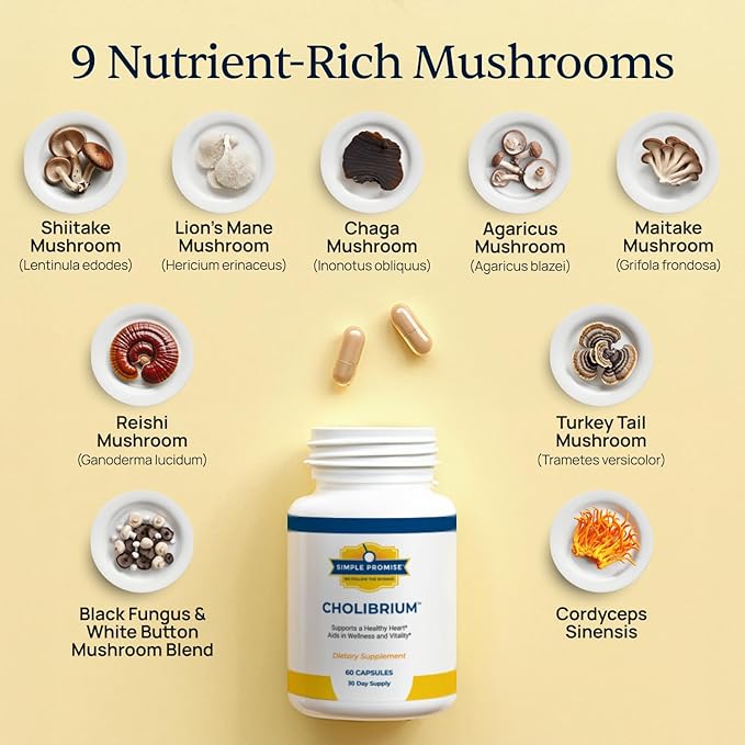Cholibrium 9-in-1 Mushroom Complex Capsules With Lion’s Mane & Reishi - Adaptogenic Mushrooms Supplement Blend For Daily Immunity Focus, Sleep & Heart Health Support - 1,330 mg - 60 Capsules