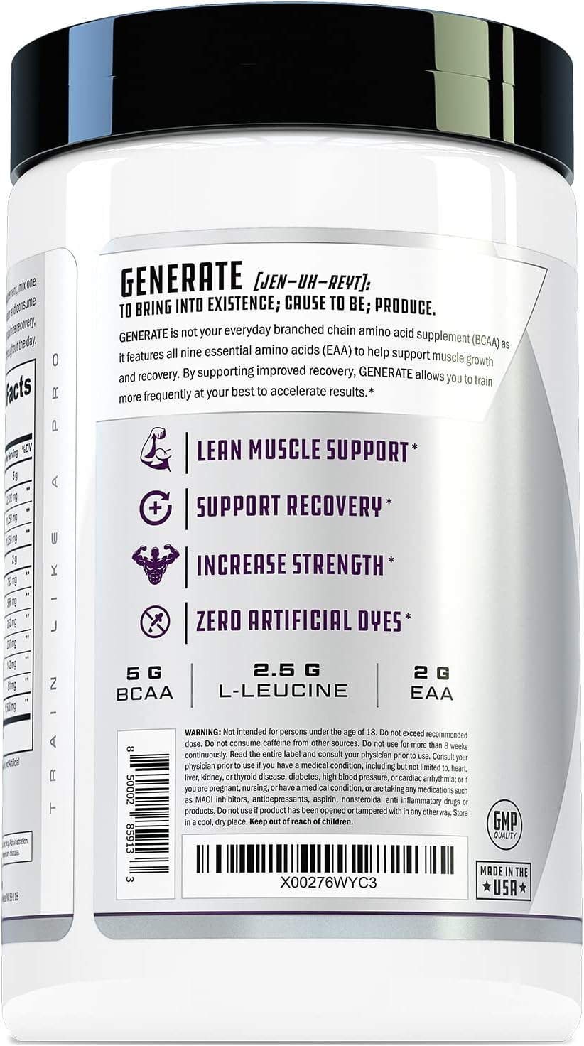 Generate EAA and BCAA Powder: Best Post Workout Recovery Drink and Branched Chain Amino Acids Supplement with Essential Amino Acids, 5g BCAAs, 2g EAAs | BlackBerry Lemonade, 30 Servings