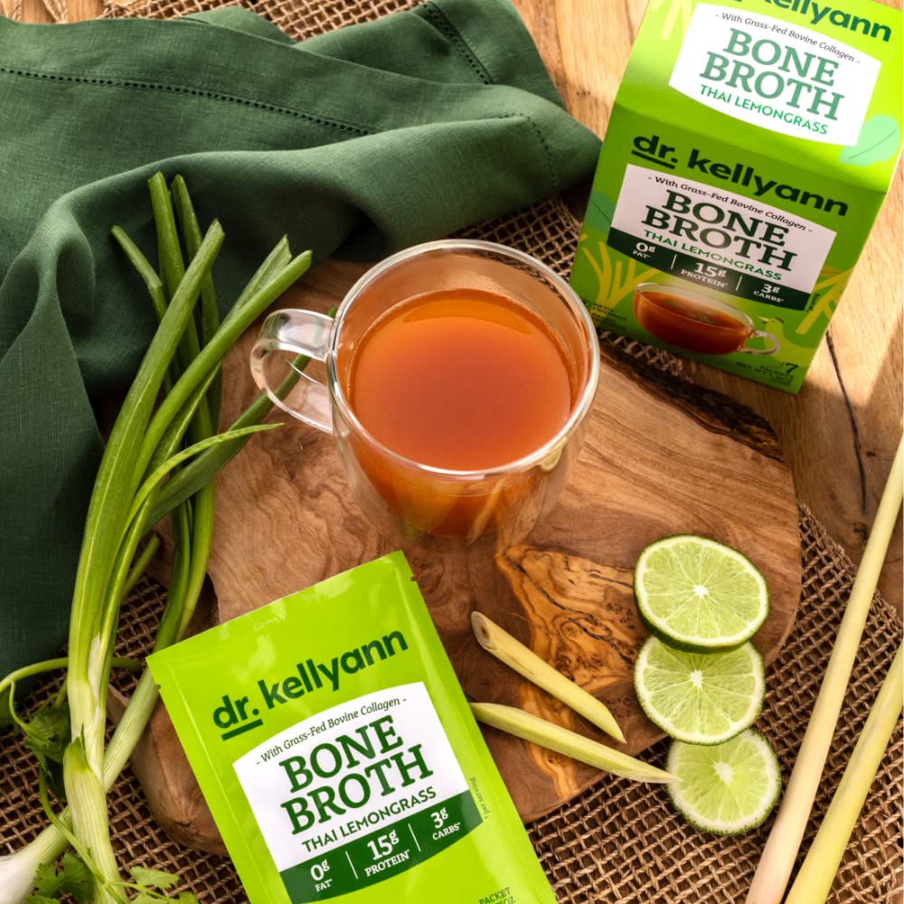 Dr. Kellyann Thai Lemongrass Bone Broth Packets (7 Servings) – 16g Protein, Grass-Fed Hydrolyzed Collagen, Keto & Paleo-Friendly