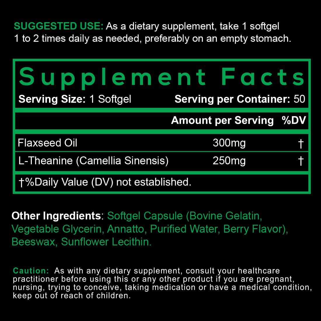 Smarter L-Theanine 250mg Supplement, in Non-GMO Flaxseed Oil, 50 Liquid Softgels