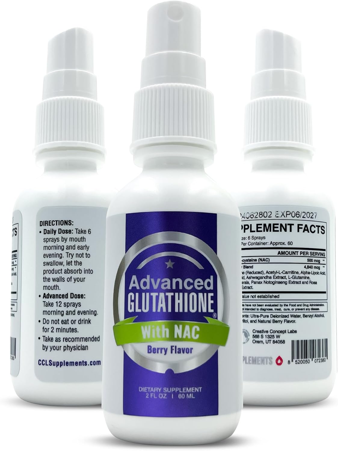 CCL Advanced Glutathione Spray & NAC Supplement, Liquid Glutathione Sublingual, N-Acetyl-cysteine Antioxidant Spray Supports Immune Health - Fresh Flavor, Non-GMO, Vegan, Gluten-Free (2 Fl Oz)