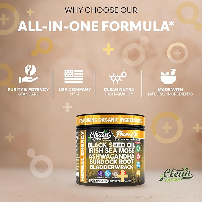 Clean Nutra Black Seed Oil Capsules + Sea Moss Ashwagandha Burdock Root Bladderwrack Seaweed Skin Detox Stress Relief Immune Support Focus Supplement Nigella Sativa 60 Pills