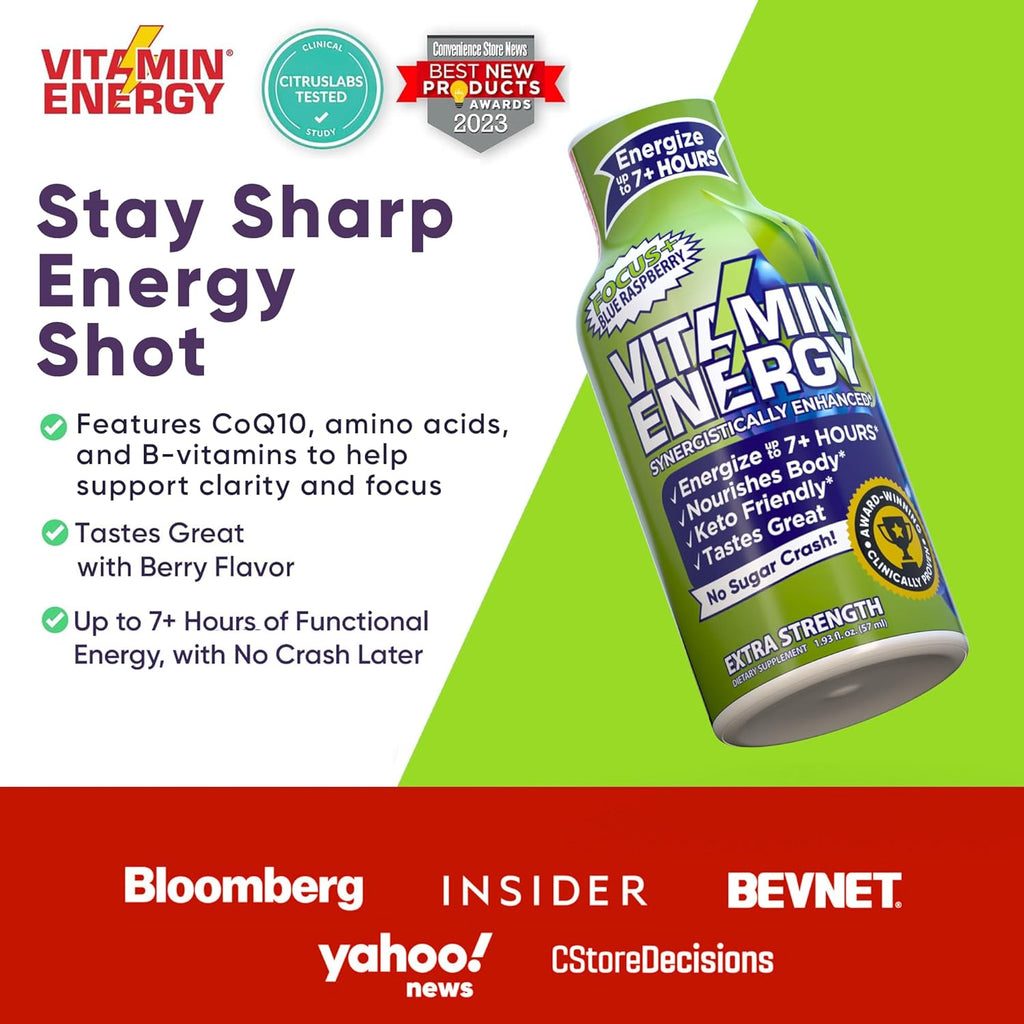 Vitamin Energy Focus+ Extra Strength Energy Shot Blue Raspberry 12 Pack, 260mg Natural Caffeine, B-Vitamins, CoQ10, Amino Acids, Focus, Productivity & Clarity, Zero Sugar, Gluten-Free, 1.93 fl oz