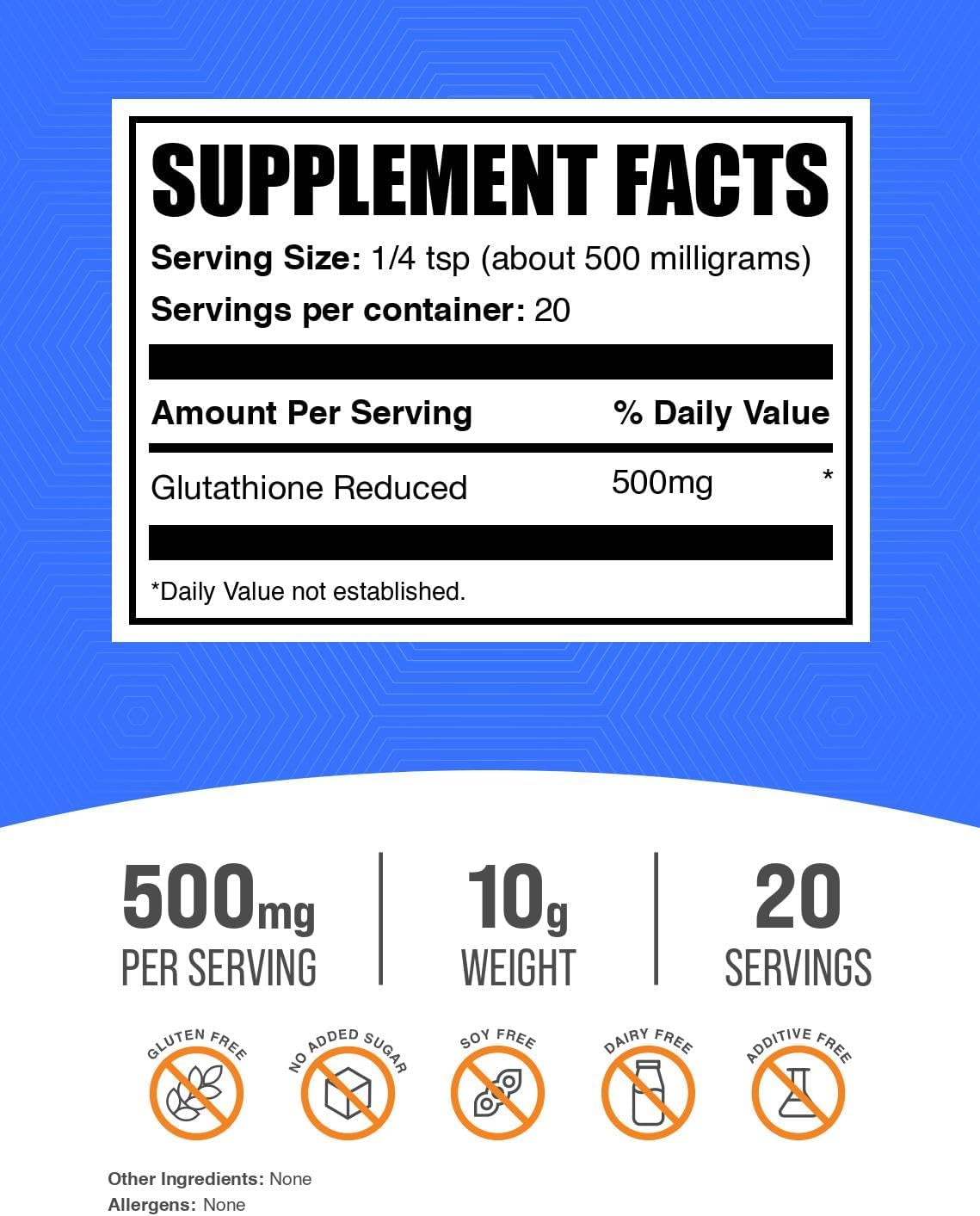 BulkSupplements.com Glutathione Reduced Powder - Glutathione Supplement, Reduced Glutathione Powder - Glutathione 500mg, Gluten Free, 500mg per Serving, 10g (0.35 oz) (Pack of 1)