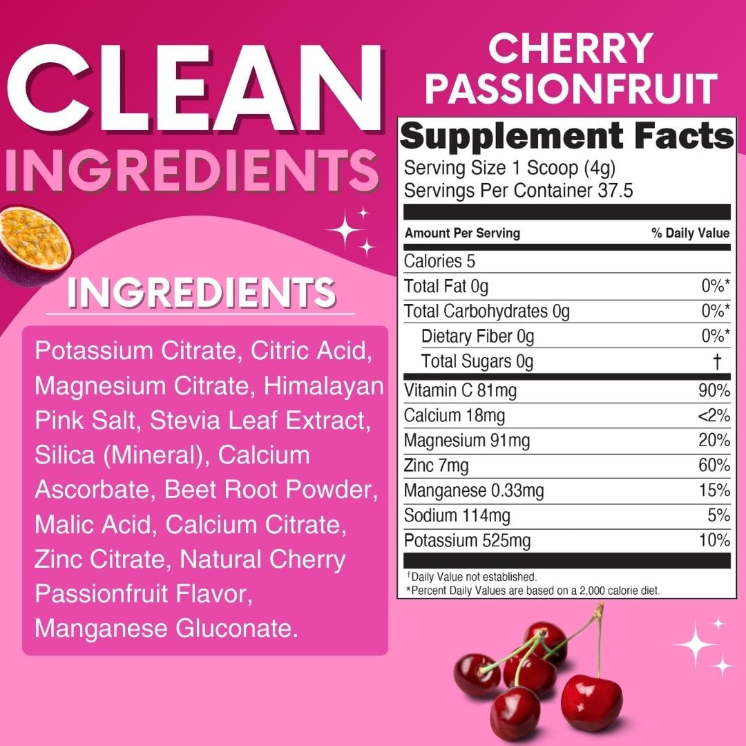 Zero Sugar - Cherry Passionfruit Electrolytes Powder - Refreshing Hydration - Caffeine Free Energy with All Natural Ingredients - Vegan, Keto, Paleo - Sugar Free Electrolytes Drink Mix - 30 Servings