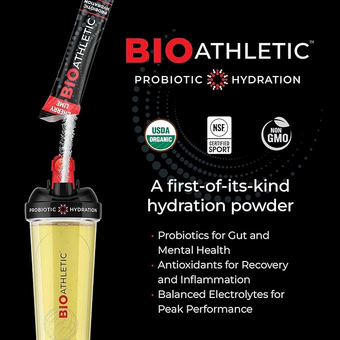 Probiotic + Electrolyte Hydration Drink Mix, with Vitamins D & B12, USDA Organic, NSF Certified for Sport, Subtle Cherry Lime Flavor, Naturally Light Taste, 10 Sticks