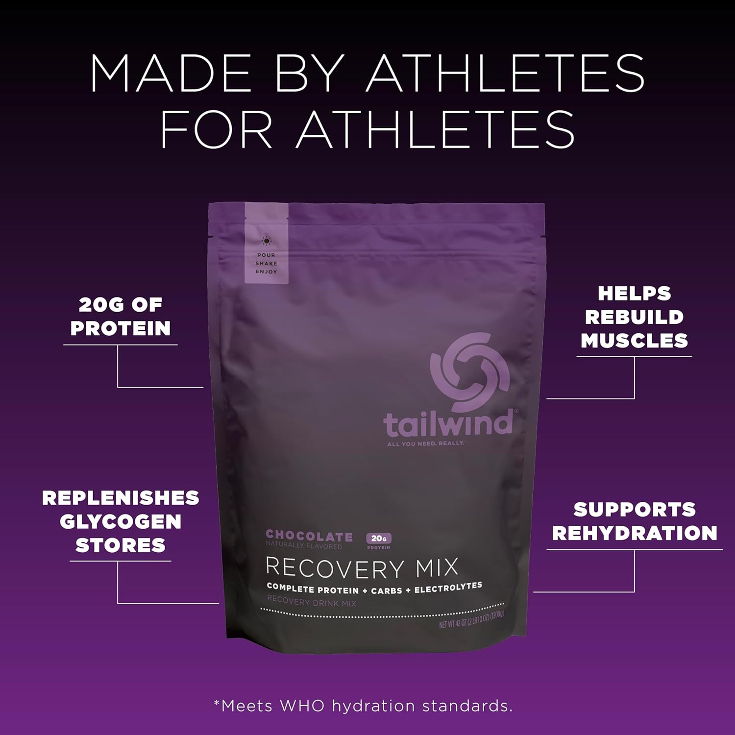 Tailwind Nutrition Recovery Mix, 20 Grams Complete Protein, Carbohydrates, and Electrolytes Powder Drink Mix for Post-Workout, Free of Gluten, Soy, and Dairy, Vegan, 20 Servings, Chocolate