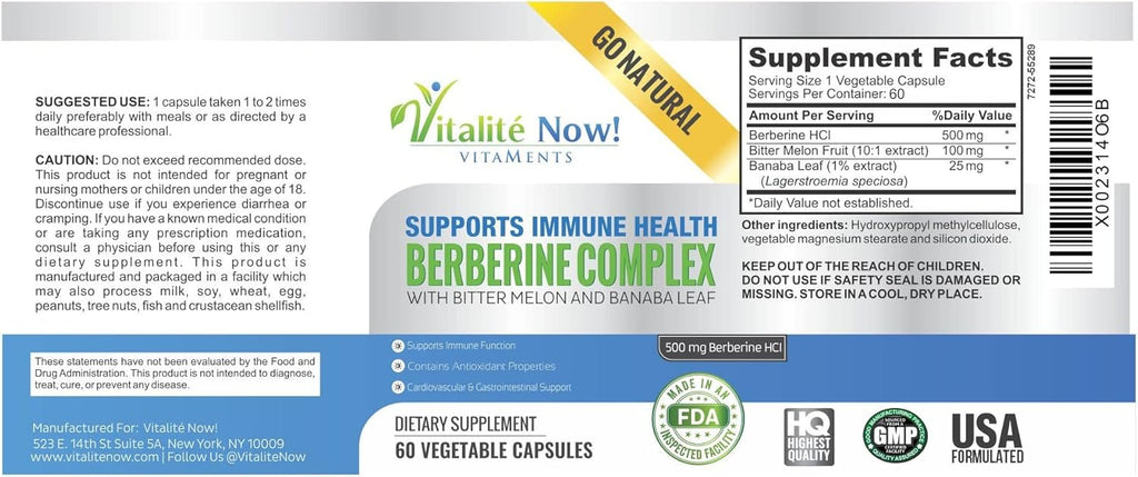 High Strength Berberine 500mg + Bitter Melon & Banaba - Immune System Health - Cardiovascular & Gastrointestinal Support - 60 Vegetarian Capsules