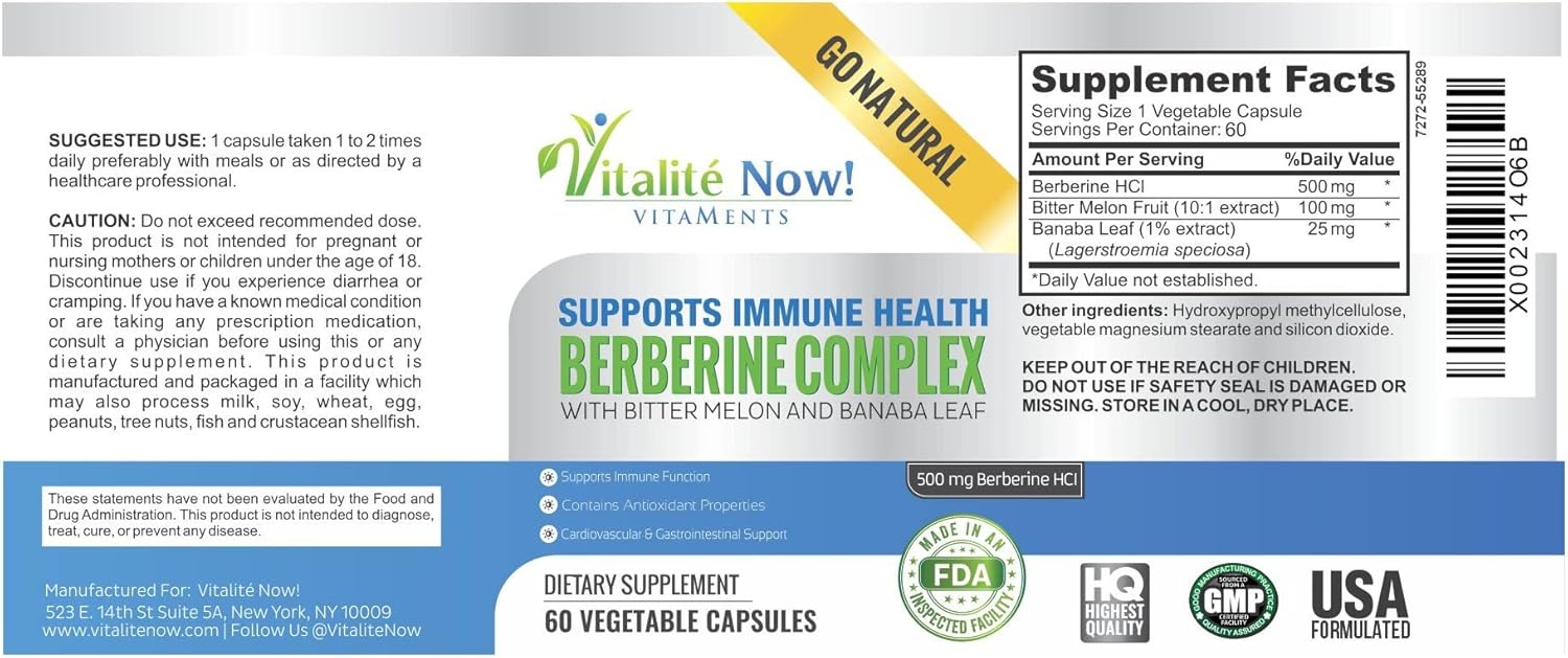 High Strength Berberine 500mg + Bitter Melon & Banaba - Immune System Health - Cardiovascular & Gastrointestinal Support - 60 Vegetarian Capsules