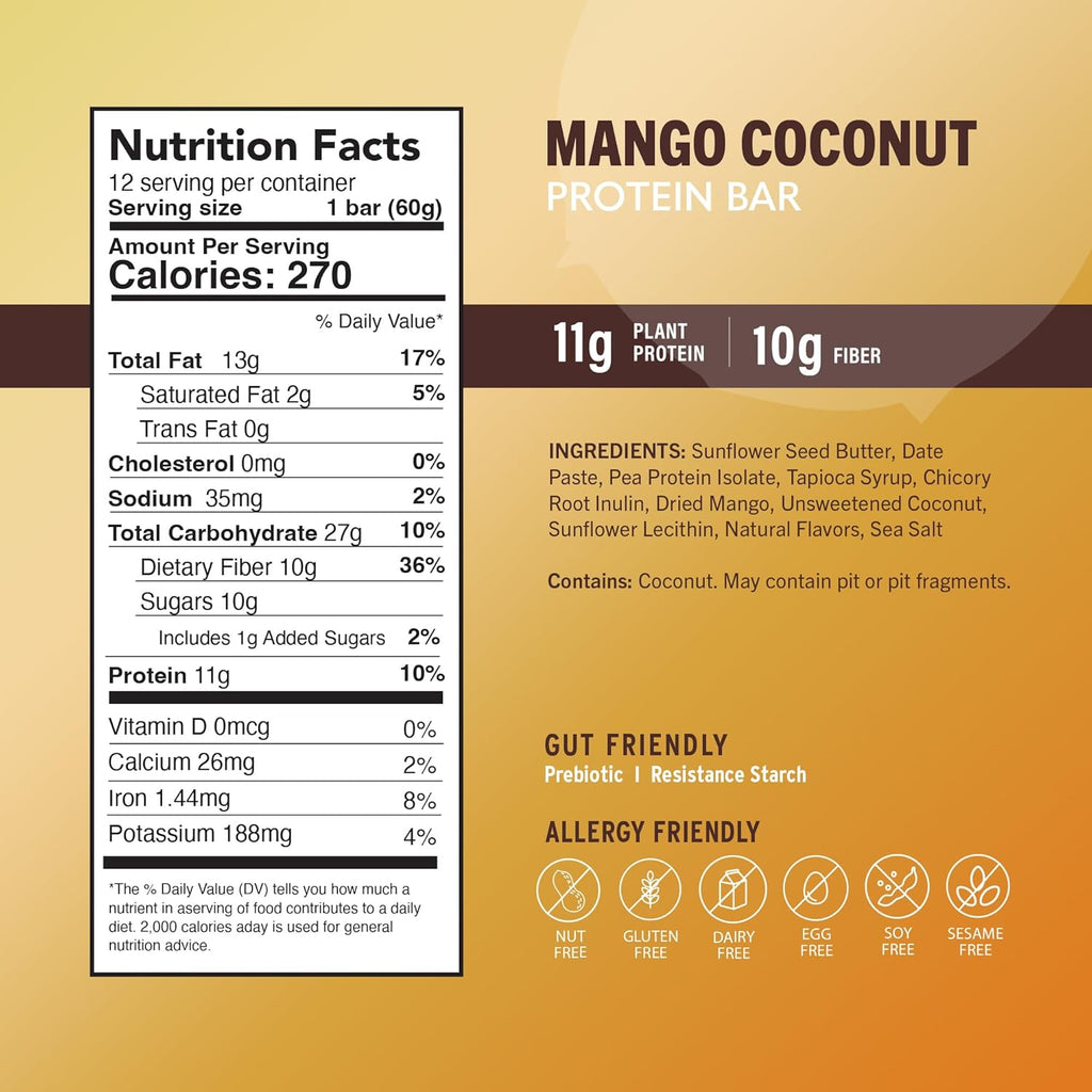 Amrita Nut Free Mango Coconut Vegan Protein Bars (12 Count) | 11g Plant-Based Protein Bar | Peanut Free, Gluten Free, and Dairy Free | Low Sugar, High Fiber, Healthy School-Safe Snacks