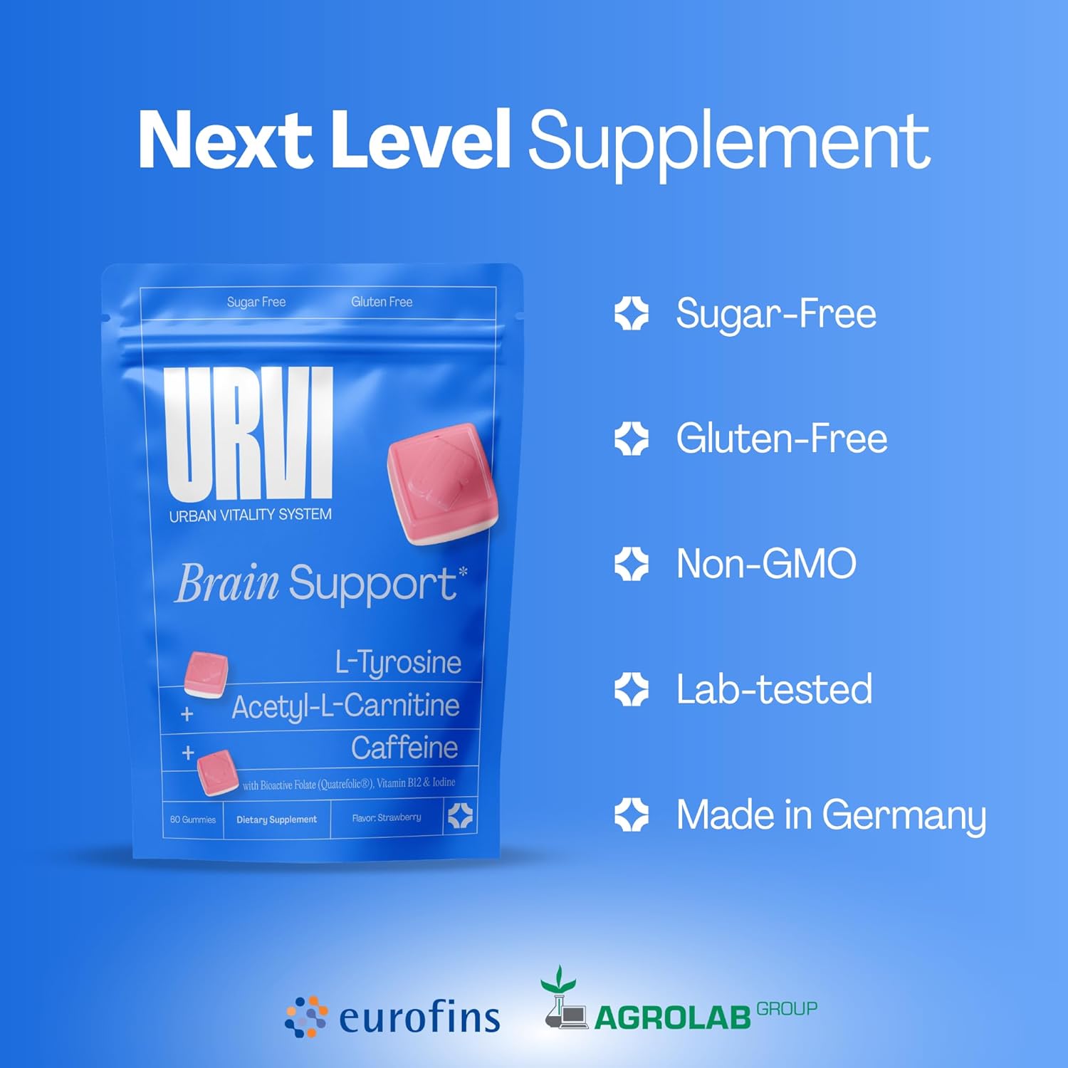 URVI® Brain Gummies – Caffeine, L-Tyrosine, Acetyl-L-Carnitine, L Methyl Folate (Quatrefolic® 5-MTHF), Vitamin B12 & Iodine – Boosts Energy & Focus – Sugar-Free – Strawberry Flavor – 60 Gummies