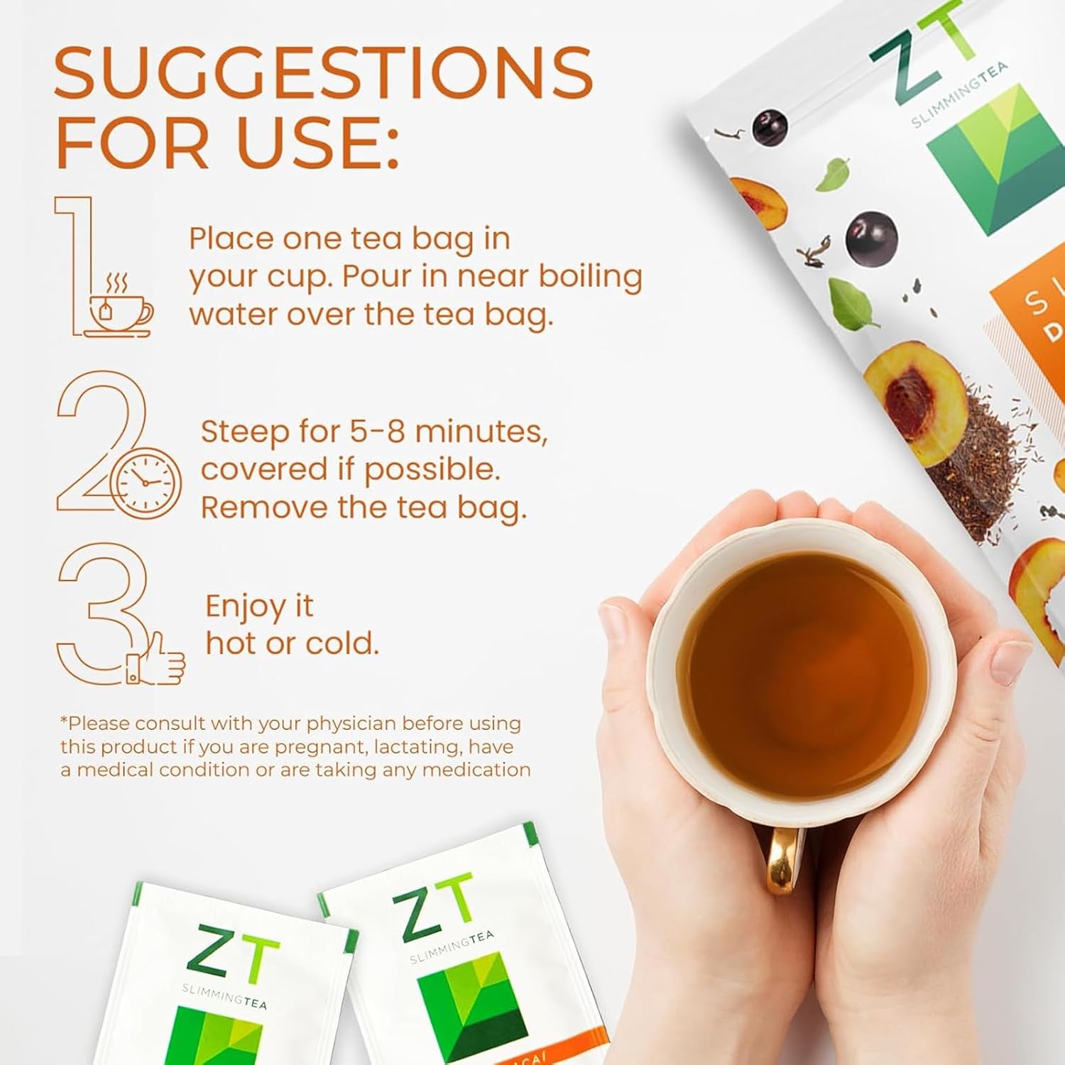 Dr. Zisman ZT Slimming - Peach and Acai Herbal Tea Blend with Ashwagandha, Rooibos and Acai - 28 Day Wellness Blend (28 Tea Bags)