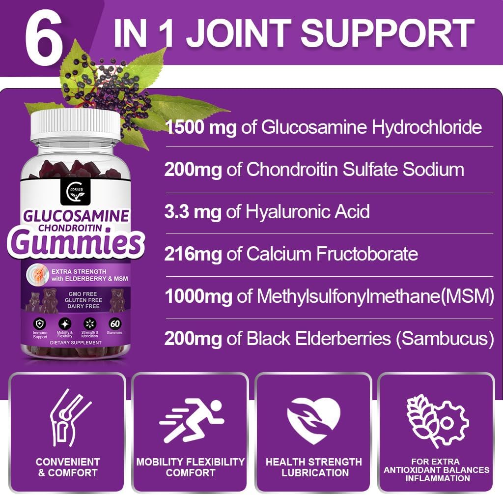Glucosamine Chondroitin Gummies with MSM & Elderberry – Extra Strength Mobility & Flexibility Support, Antioxidant Immune Supplement for Adults, Men & Women - 60 Chondroitin Gummies (3 Pack)