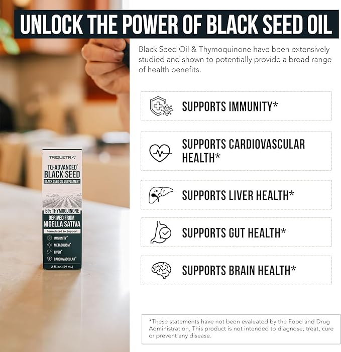 Black Seed Oil Liquid | 5% Thymoquinone - TQ-Advanced® | High Potency - 100 mg per Serving - 15:1 Concentrate from Nigella Sativa Extract, Raw Form, Vegan Formula, Glass Bottle (30 Servings)