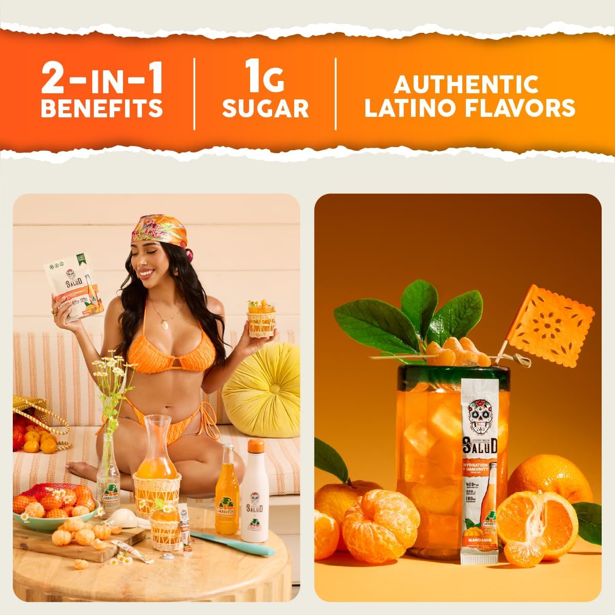 Salud x Jarritos 2-in-1 Hydration Packets + Immunity Electrolytes Powder, Mandarin - Agua Fresca Drink Mix, Elderberry, Dairy & Soy Free, Non-GMO, Gluten Free, Vegan, 1g Sugar (15 Servings)