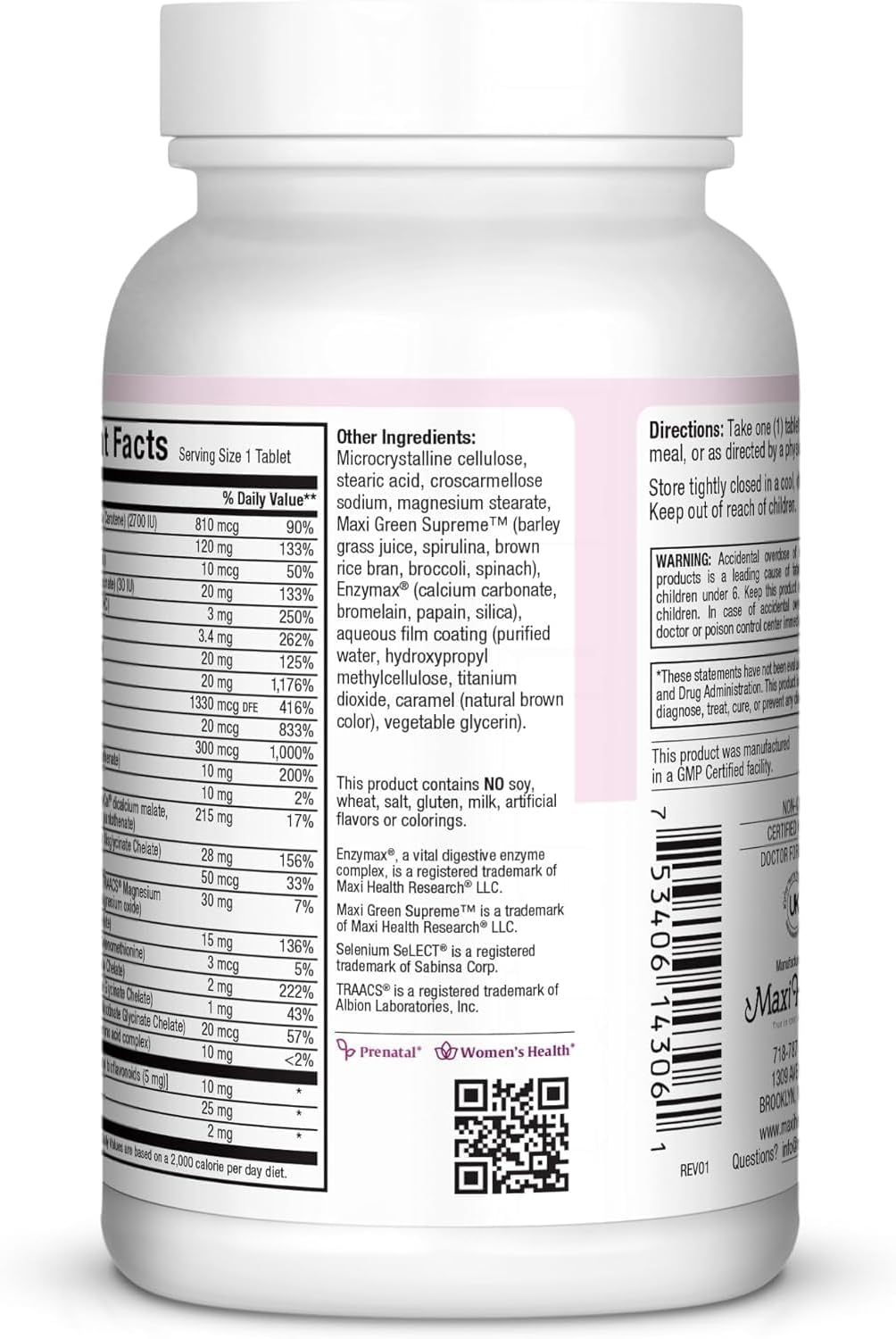 Maxi Health Prenatal Vitamins for Women – One Daily Prenatals with Iron, Folate, Choline, Vitamin D3, and Essential Nutrients – High Absorption Supplement for Pregnancy and Preconception – 60 Tablets