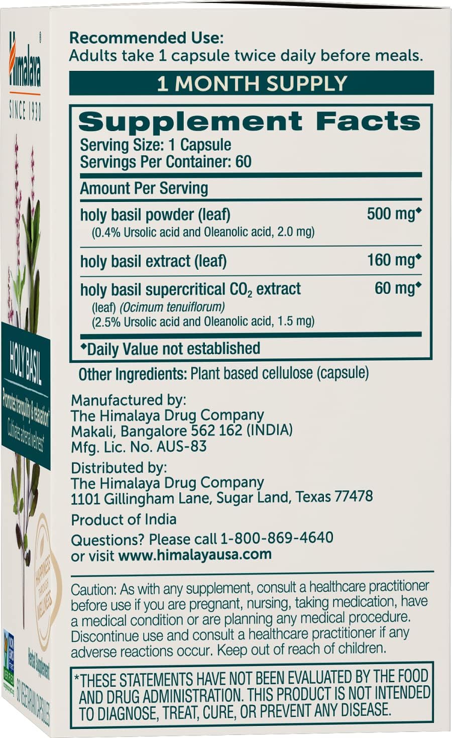 Himalaya Holy Basil, 60 Day Supply - Herbal Adrenal Support for Stress Relief, Relaxation, Energy Support and Occasional Sleeplessness - Vegan, Non-GMO, Gluten Free, 720 mg, 60 Capsules, Pack of 2
