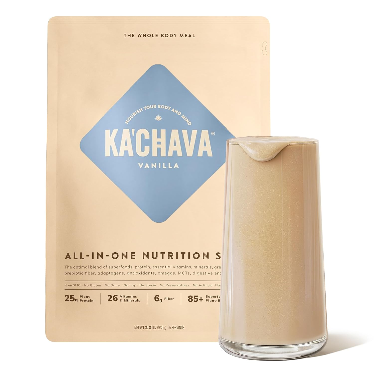 Ka’Chava Whole Body Meal Shake Vanilla 2 lb – Vegan Protein Powder with 85+ Superfoods & Greens – Plant-Based Meal Replacement with Probiotics & Digestive Enzymes – Gluten & Dairy Free (15 Servings)