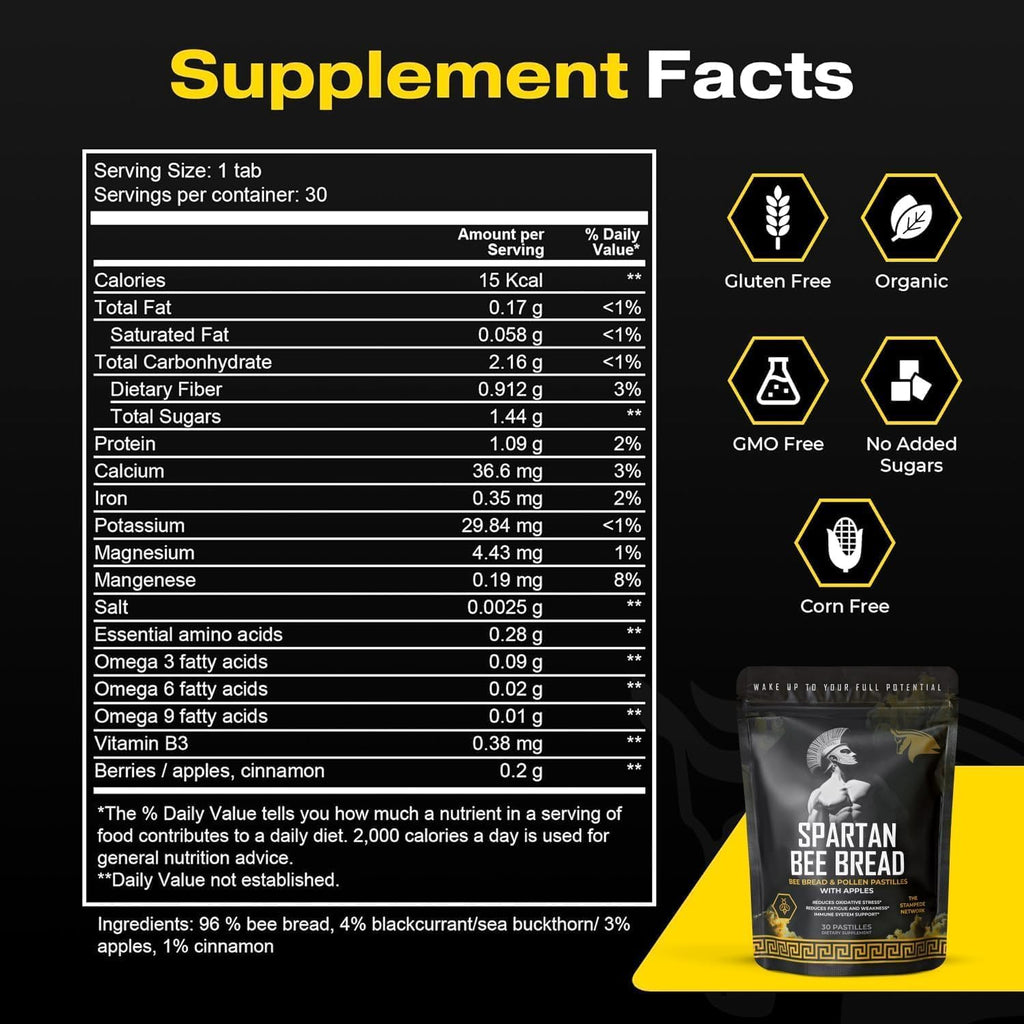 Spartan Bee Bread Chewables Natural Multivitamin | High Absorption Organic Bee Pollen & Honey | Fermented by Bees for Energy, Vitality, Sleep, Recovery, Immunity | Non GMO, Nothing Synthetic