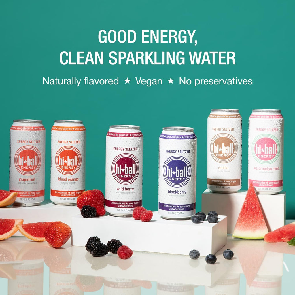 Hiball Clean Energy Drink - Blood Orange - Zero Sugar, Zero Calorie Sparkling Water with 160mg Organic Caffeine, 50mg Organic Ginseng, 50mg Organic Guarana and B Vitamins - 16 fl oz (8-Pack)