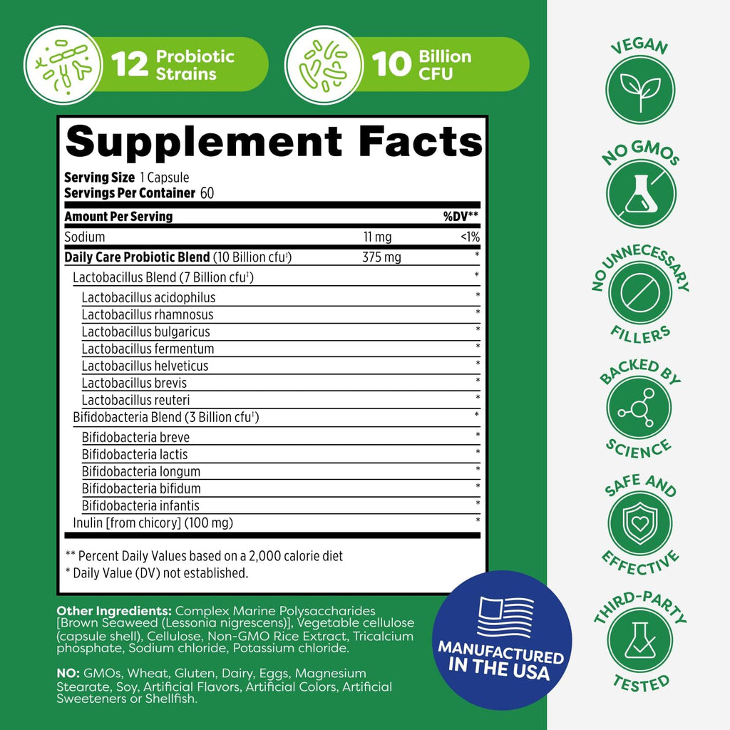 Probulin Daily Care Probiotic Supplement, Digestive, Gut, and Immune Health Support Capsules for Men and Women, 10 Billion CFU, Vegan, 60 Count Bottle