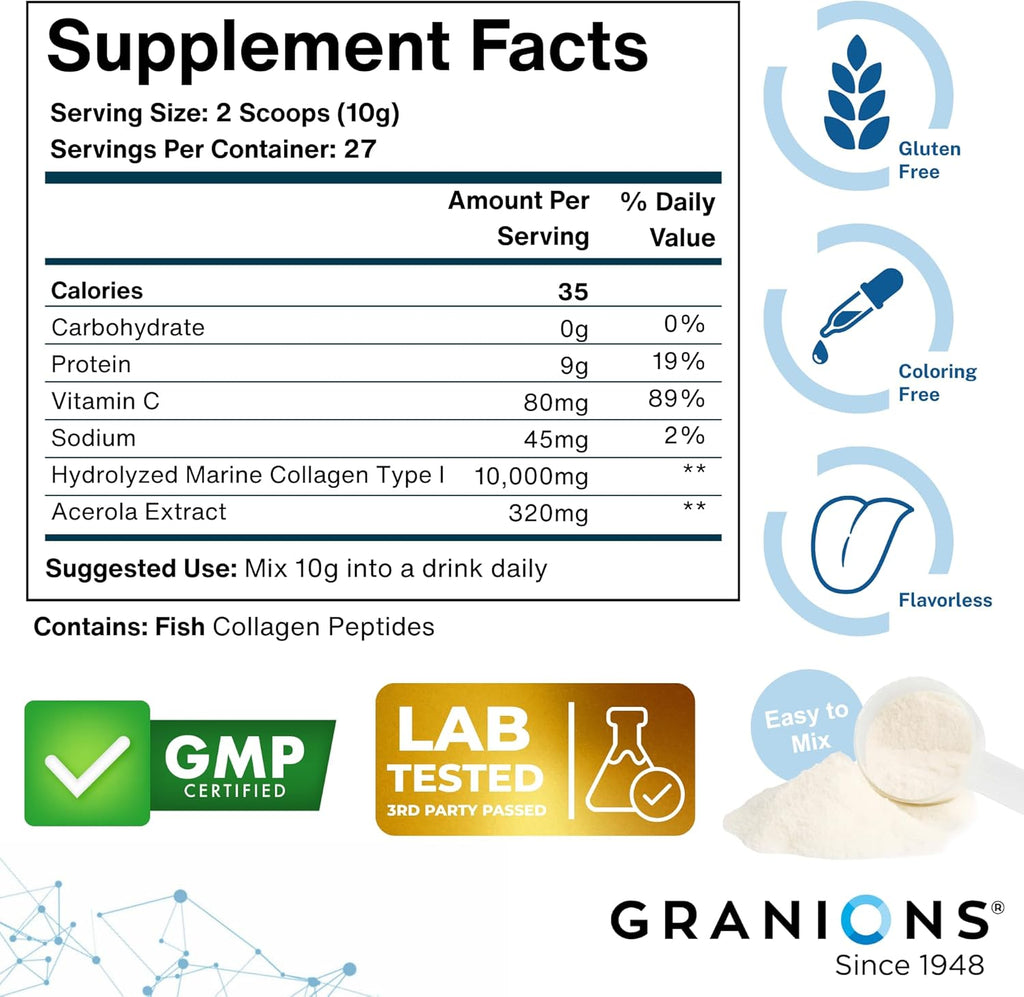 Marine Collagen Powder Unflavored - 10g Type I Hydrolyzed Collagen Peptides with Natural Acerola Vitamin C Antioxidant - Hair, Skin, Nails Vitamins for Women & Men- Pro-Aging Beauty Supplement - 9.8oz