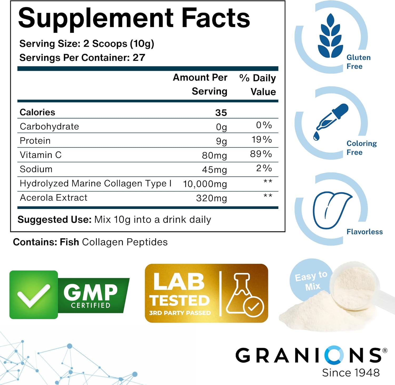 Marine Collagen Powder Unflavored - 10g Type I Hydrolyzed Collagen Peptides with Natural Acerola Vitamin C Antioxidant - Hair, Skin, Nails Vitamins for Women & Men- Pro-Aging Beauty Supplement - 9.8oz