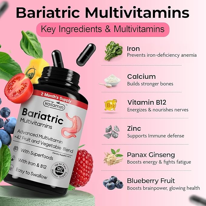 Bariatric Multivitamin with Iron – Post Bariatric Surgery – Gastric Bypass & Sleeve Support – for Women & Men – Easy to Swallow – B12, B6 & 42 Superfoods –Gluten-Free- 120 Caps 2-Month Supply