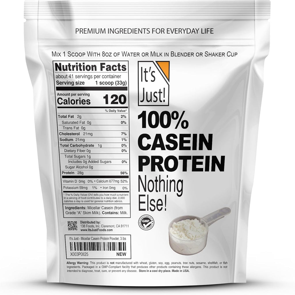 It's Just! - 100% Casein Protein Powder, Made in USA, One Ingredient, Slow Burning, Time Release, 6.9g BCAAs, 1g Carb, Non-GMO (Unflavored, 3lbs/48oz)